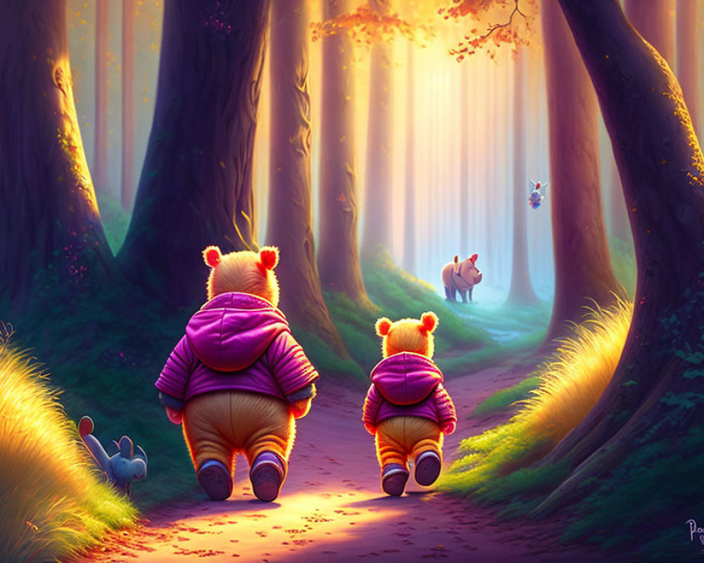 Three Bears in Coats Walking in Forest with Rabbit Watching