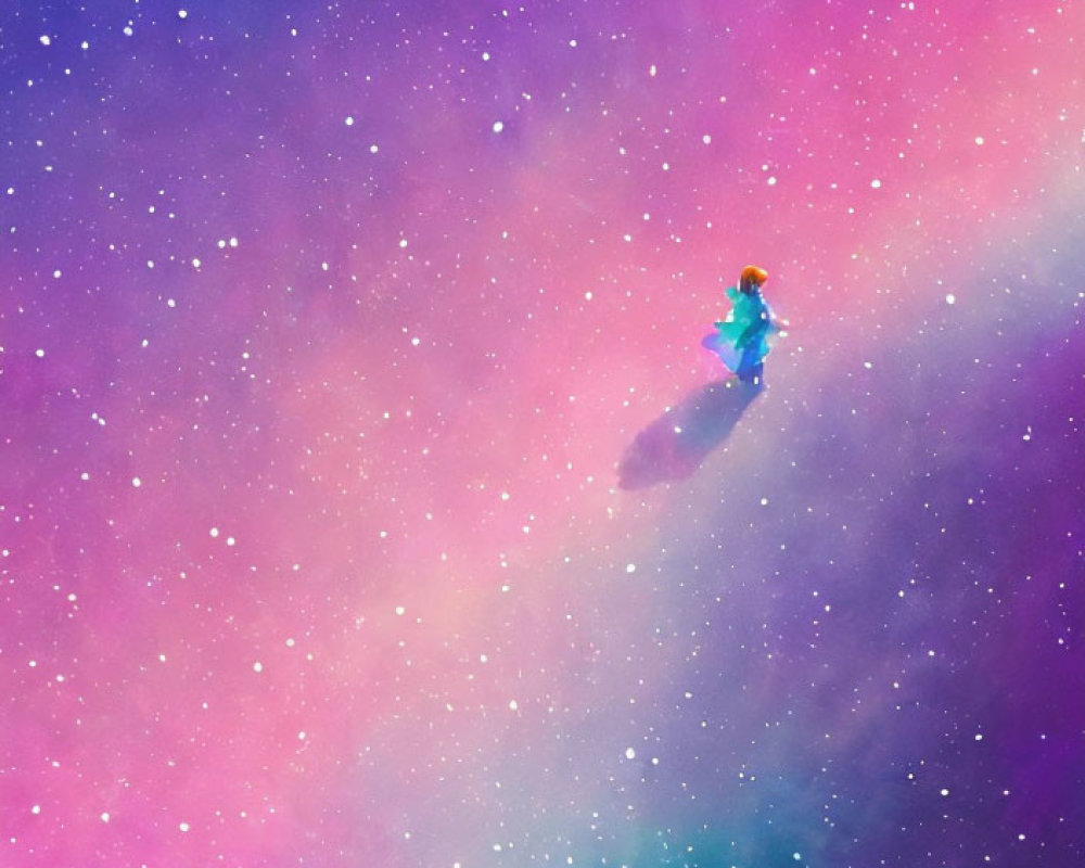 Figure in Vibrant Cosmic Backdrop with Purple, Blue, and Pink Gradient