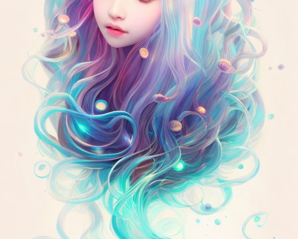 Digital artwork featuring female figure with rainbow hair & luminescent jellyfish creatures