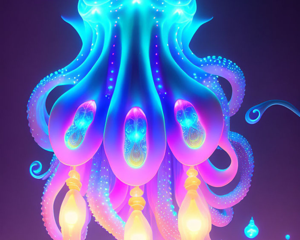 Colorful Glowing Jellyfish Artwork on Purple Background