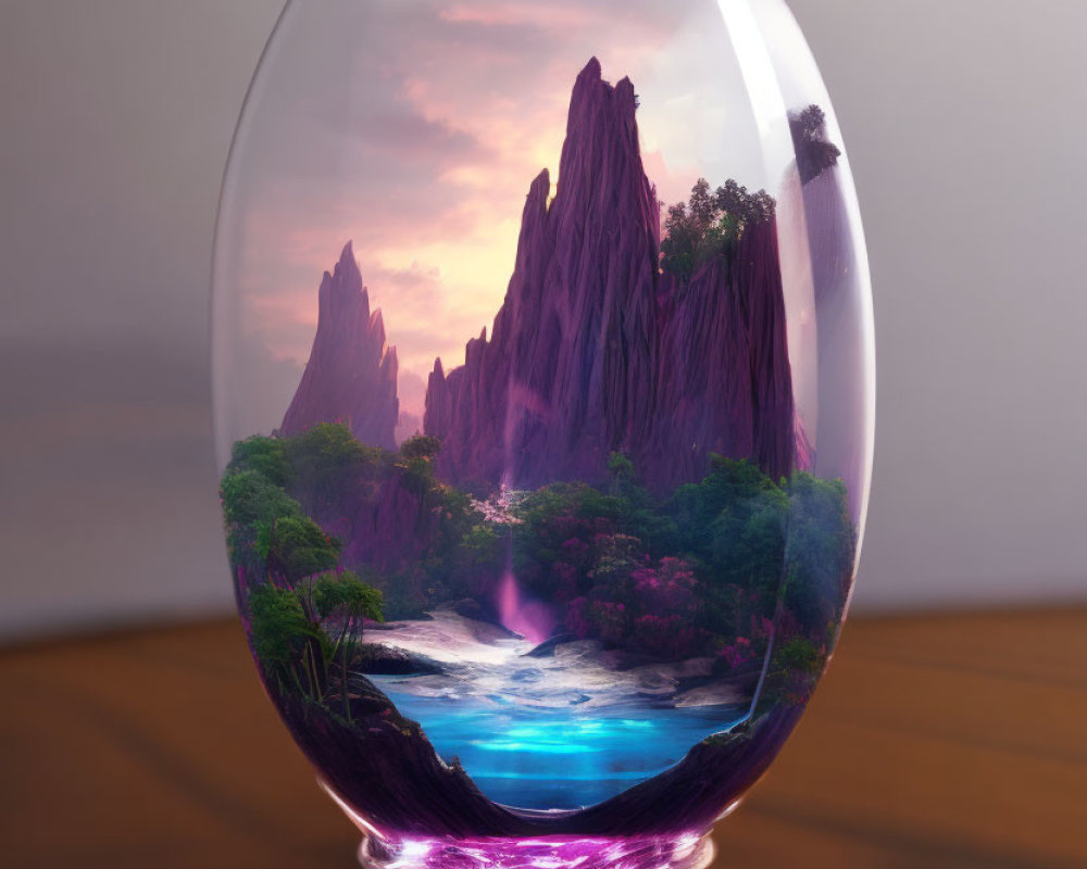 Surreal fishbowl with mountain landscape under pink sky