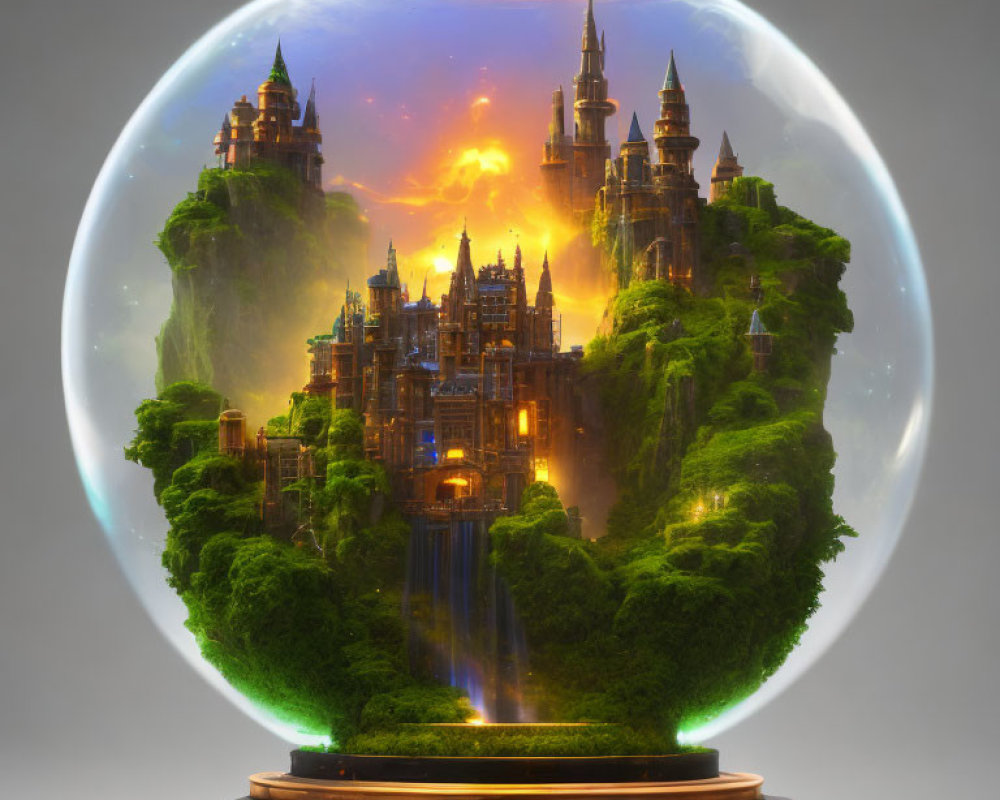 Fantasy castle with waterfalls and lush greenery in glass globe on wooden base with magical sunrise backdrop