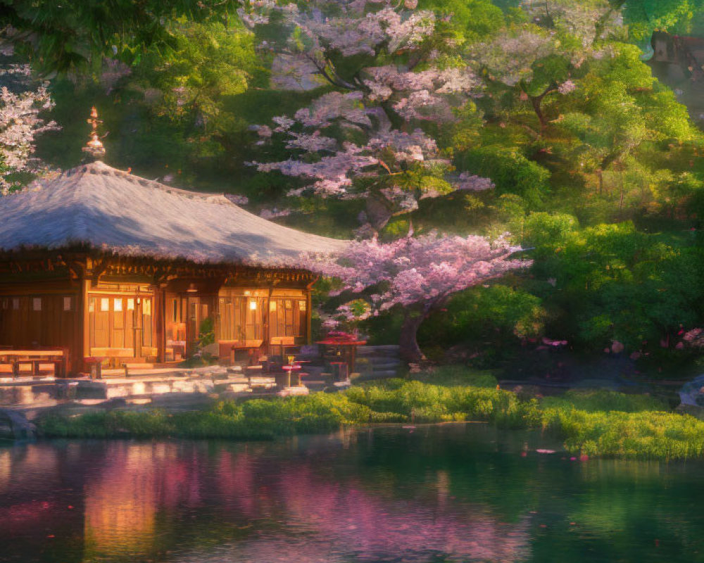 Tranquil wooden pavilion by calm lake with cherry blossoms in golden hour