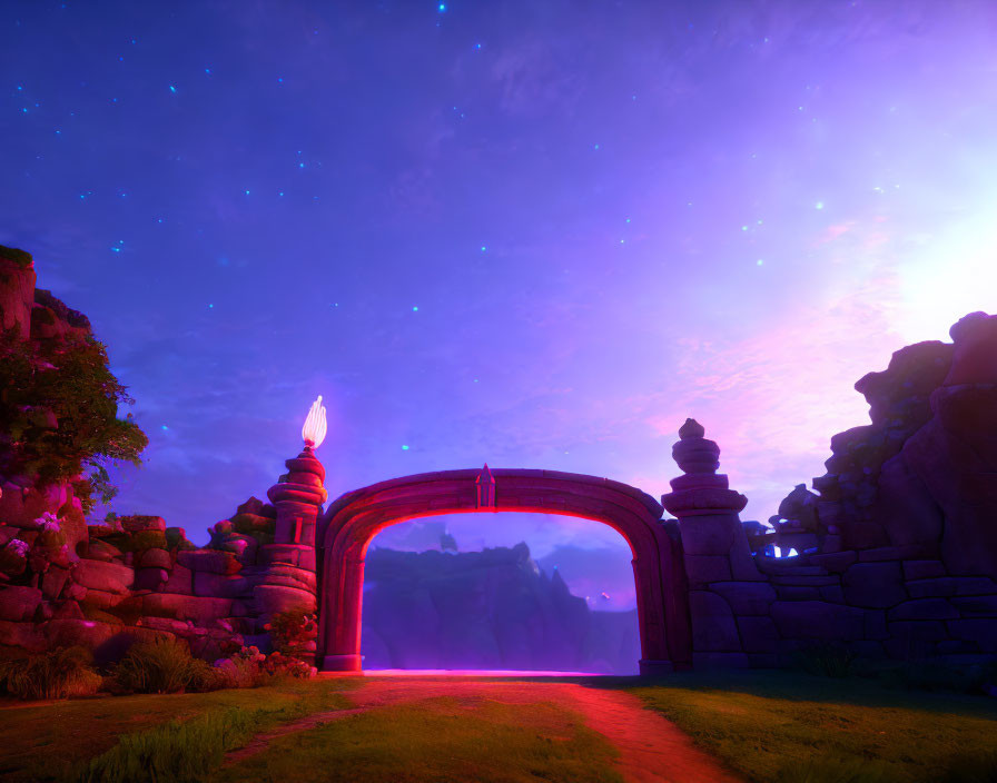 Stone archway with flaming torches under starry sky at twilight