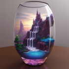 Surreal fishbowl with mountain landscape under pink sky