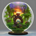 Fantasy castle with waterfalls and lush greenery in glass globe on wooden base with magical sunrise backdrop