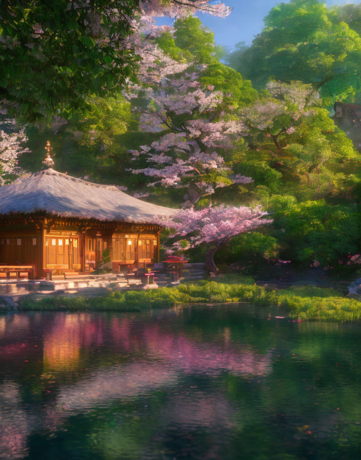 Tranquil wooden pavilion by calm lake with cherry blossoms in golden hour