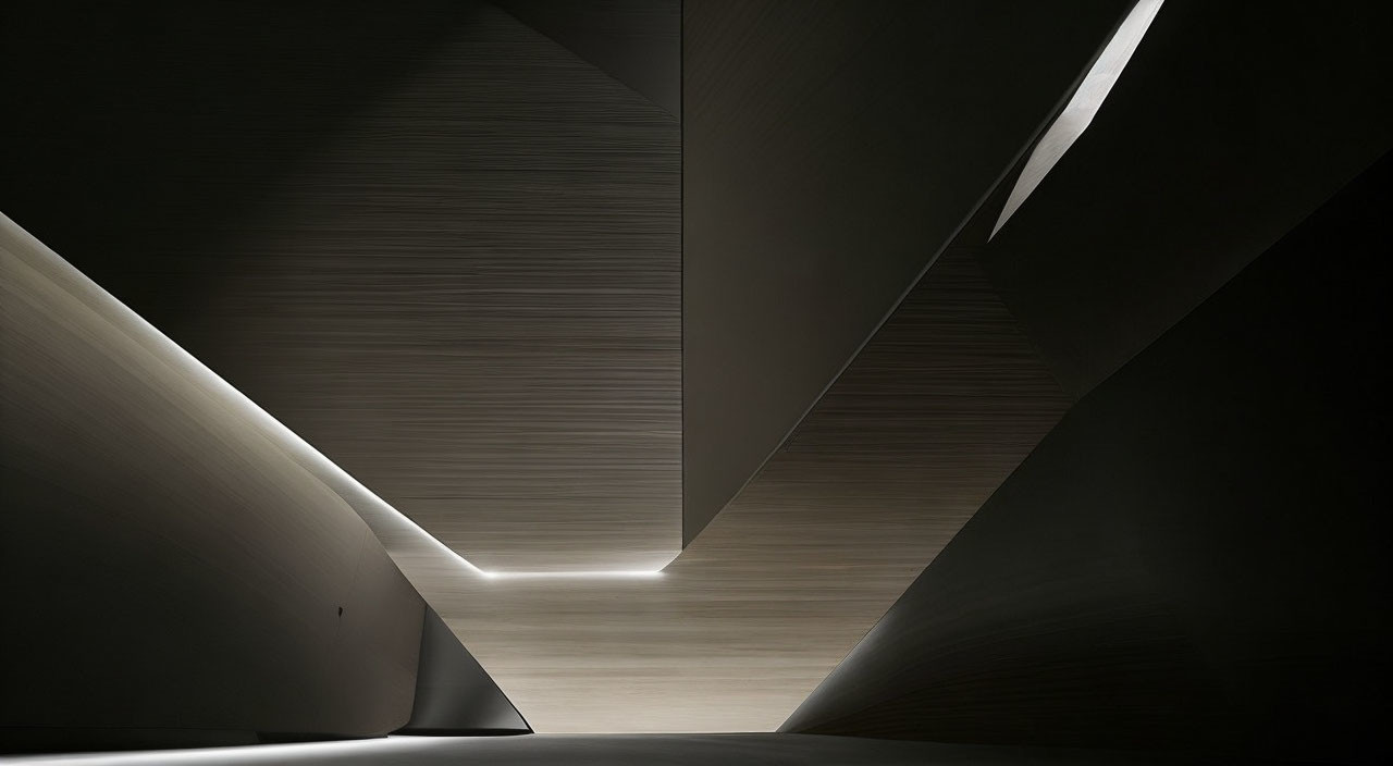 Abstract interior space with geometric shapes and linear lighting in dark tones