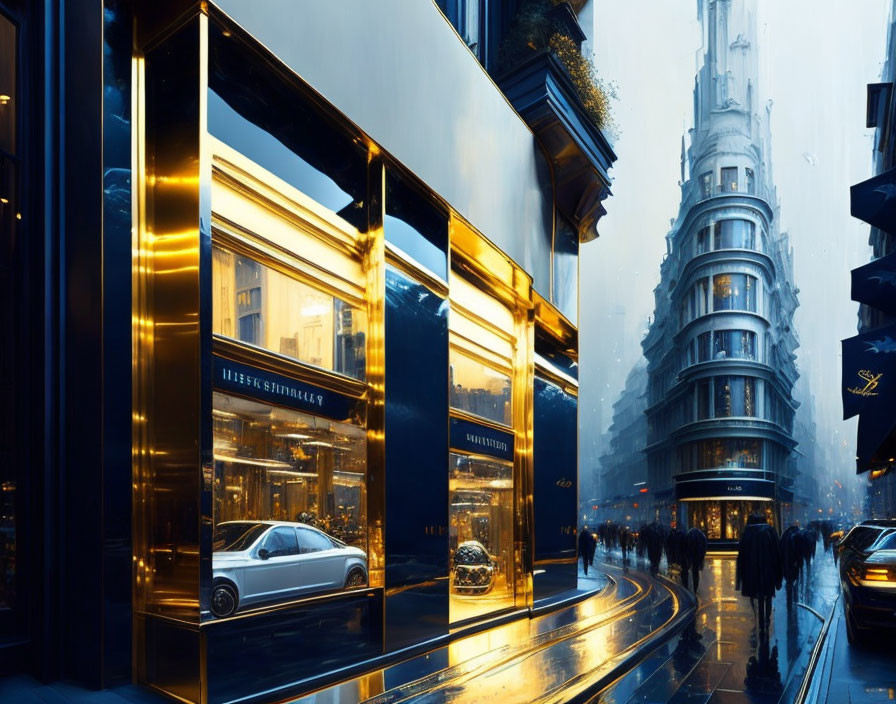 Luxurious Shopfront with Golden Lighting, Sleek Car, Pedestrians on Wet City Street at