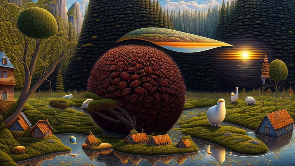 Surreal landscape with spherical tree, whimsical houses, oversized birds, vibrant sunset