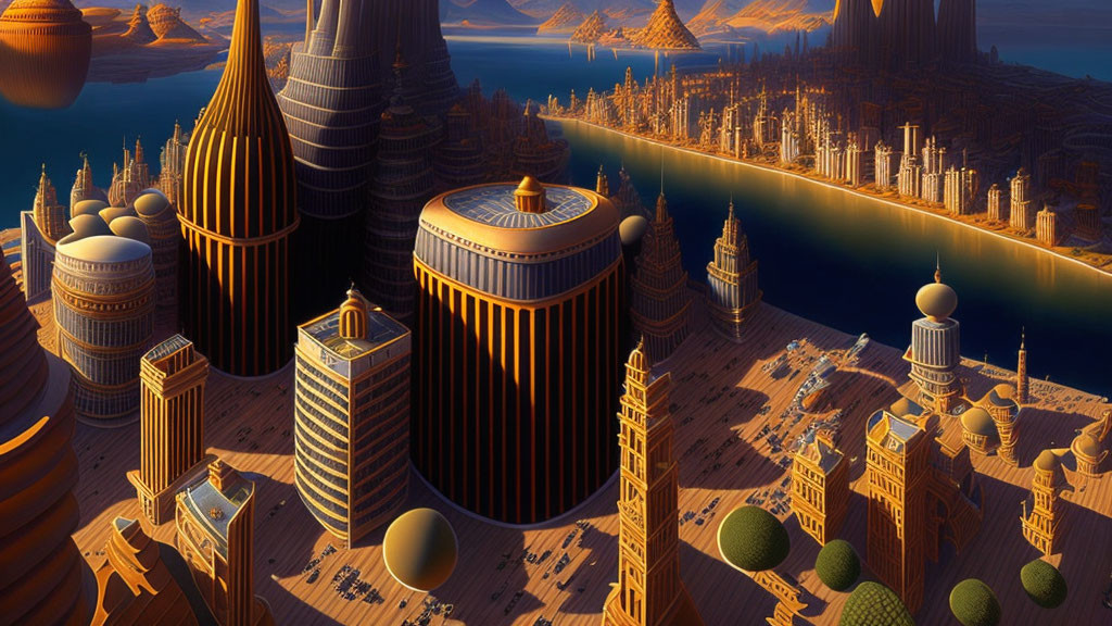 Futuristic cityscape with cylindrical skyscrapers and spherical structures at sunset