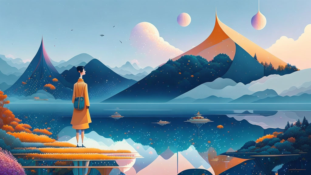 Person on Cliff Overlooking Futuristic Landscape with Moons