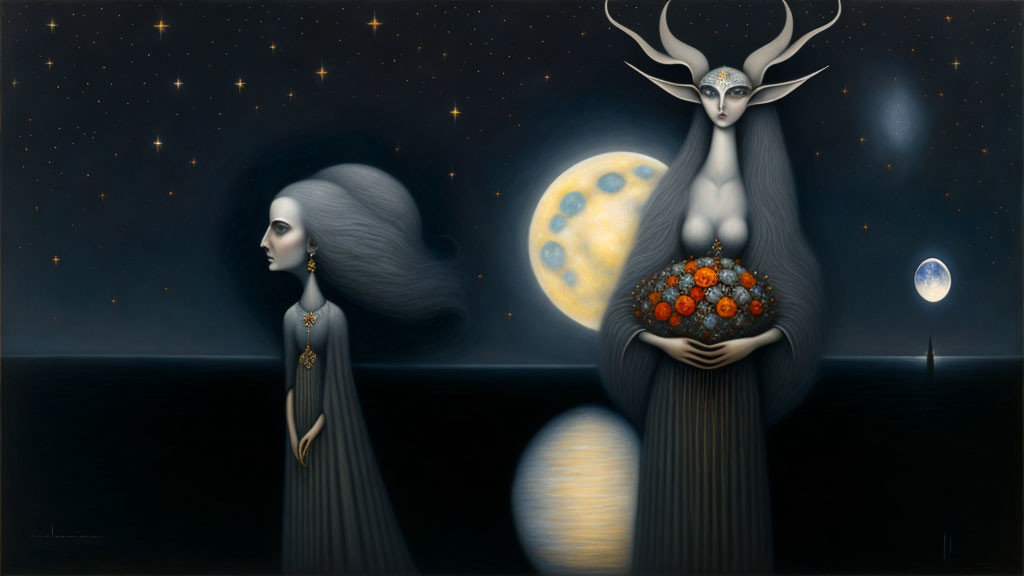 Surreal artwork: Ethereal figures, elongated heads, dark gowns, holding sphere with