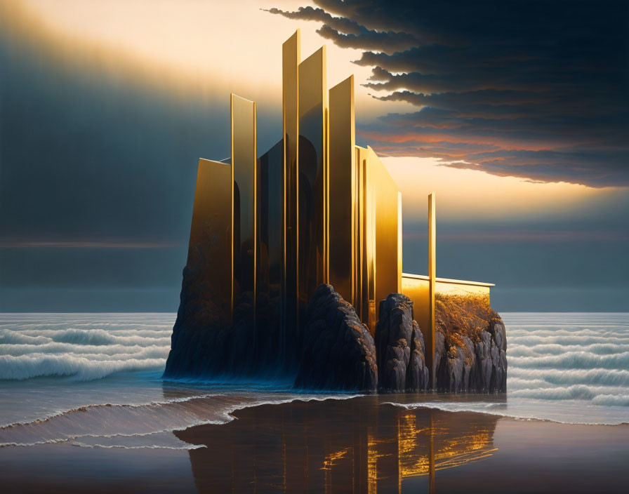 Surreal golden geometric structures on rocky outcrop in serene sea under dramatic sky