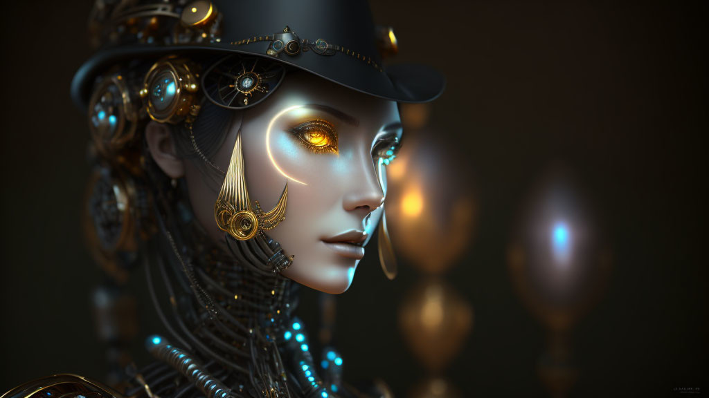 Steampunk-themed female humanoid robot with glowing eyes and intricate mechanical details