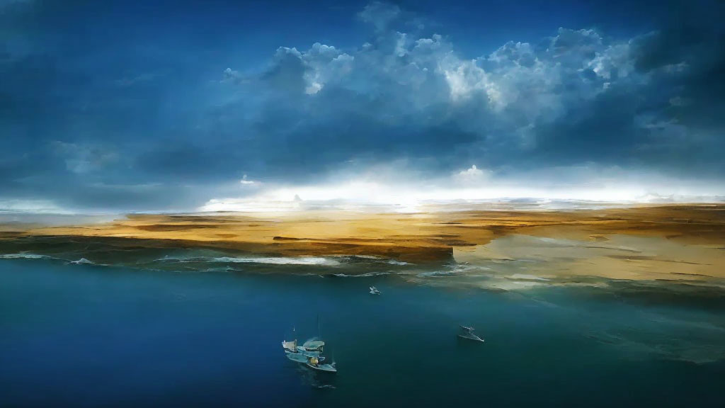 Tranquil landscape with boats on calm water under dramatic sky