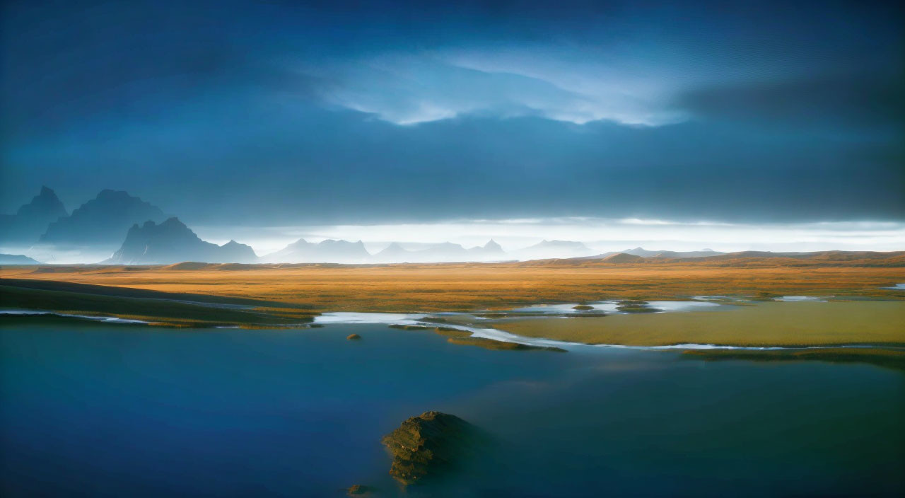 Tranquil river landscape with mountains and dramatic sky