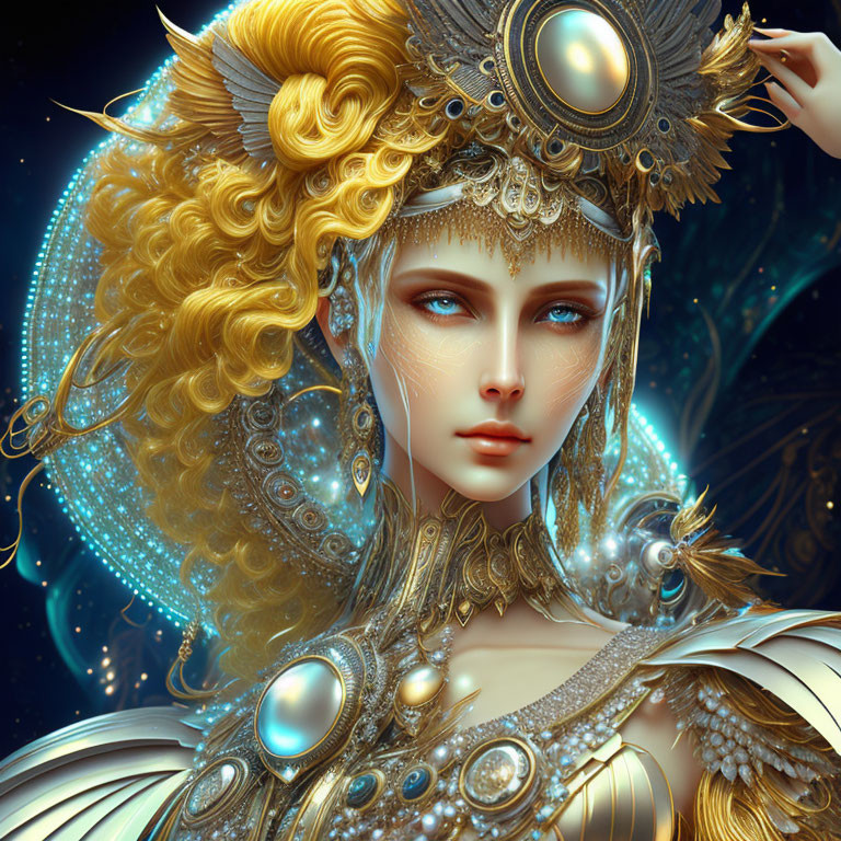 Intricate golden headdress on fantasy female figure against deep blue background