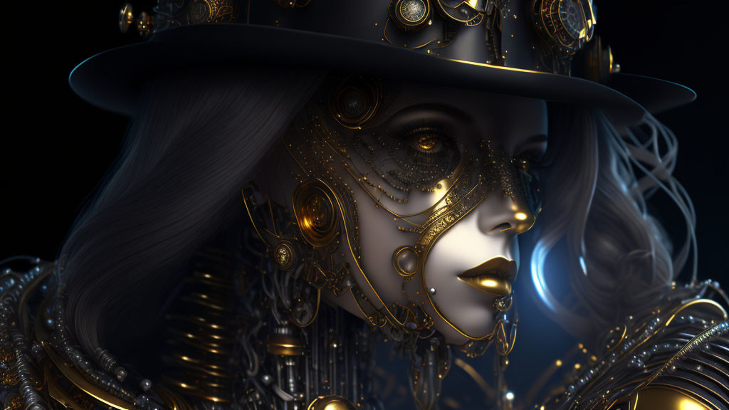 Female-looking steampunk android with golden gears and hat on dark background