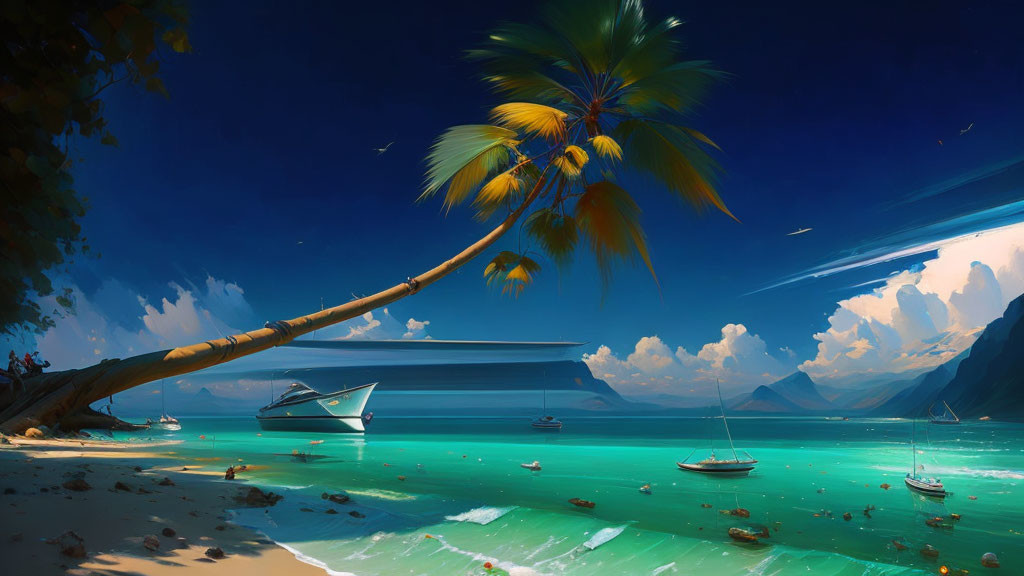 Tranquil beach scene with turquoise waters, yachts, palm tree, mountains, and blue sky