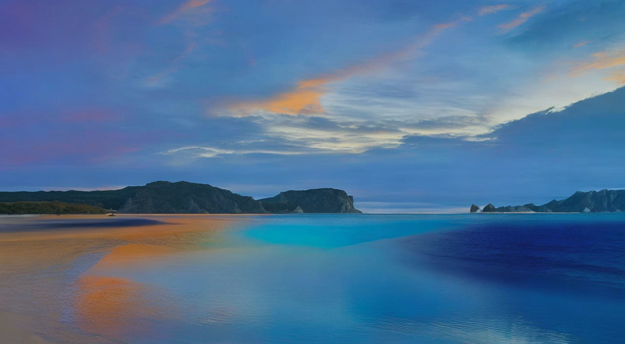 Tranquil Dusk Beach Scene with Blue Waters and Colorful Sky