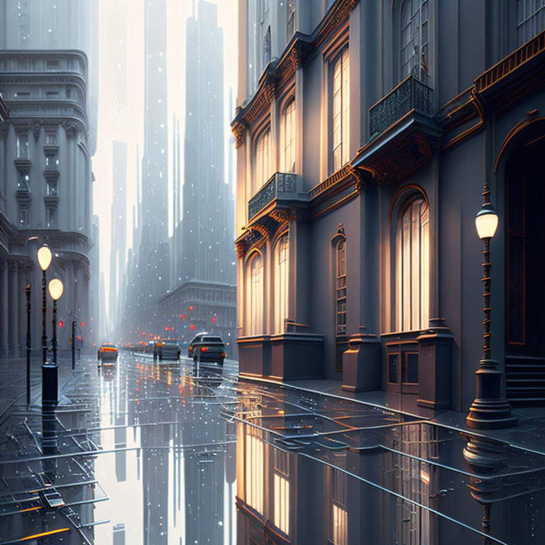 Futuristic city street in rain with tall buildings