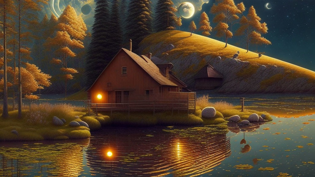 Tranquil moonlit landscape with cozy cabin by lake