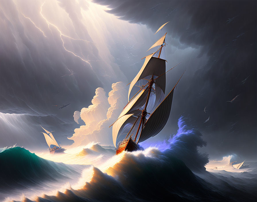 Sailboat navigating turbulent seas under dramatic sky