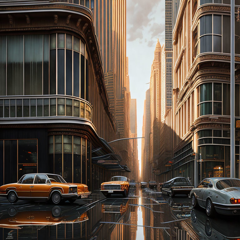 City street with vintage cars and ornate buildings under golden sunlight