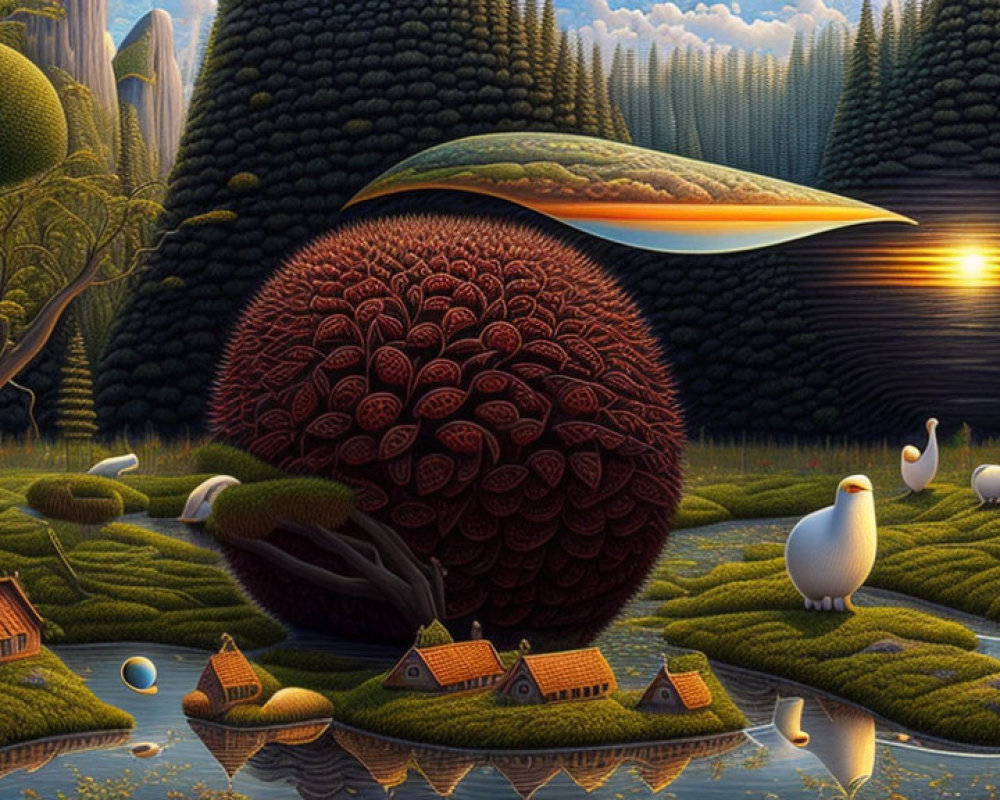 Surreal landscape with spherical tree, whimsical houses, oversized birds, vibrant sunset