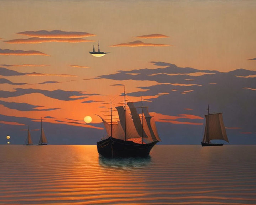 Sunset Seascape with Sailing Ships and UFO in Sky