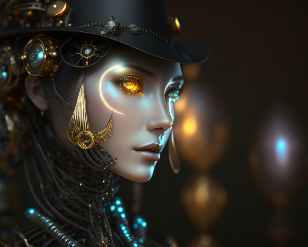 Steampunk-themed female humanoid robot with glowing eyes and intricate mechanical details