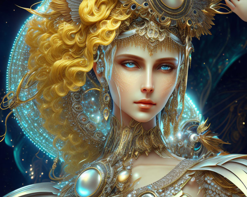 Intricate golden headdress on fantasy female figure against deep blue background