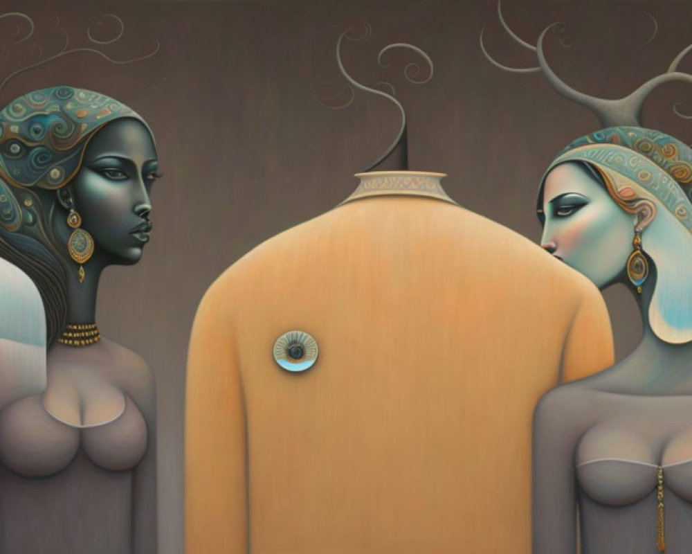 Stylized female figures with mannequin torso in earthy tones