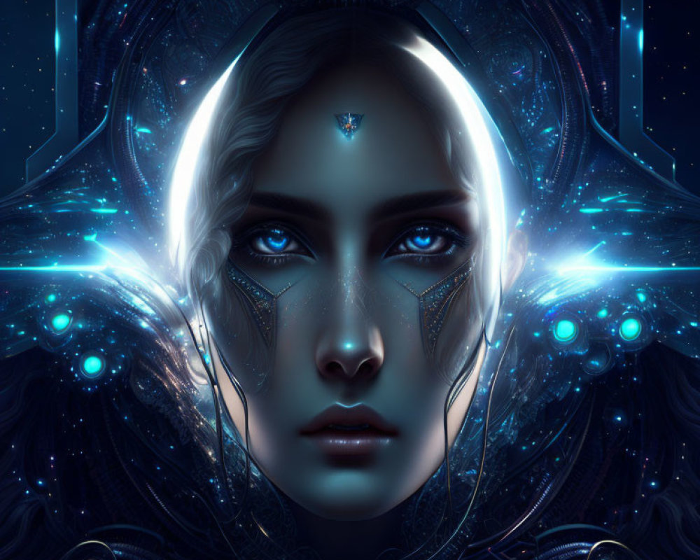 Futuristic woman with glowing blue eyes and cybertech adornments on dark starry background