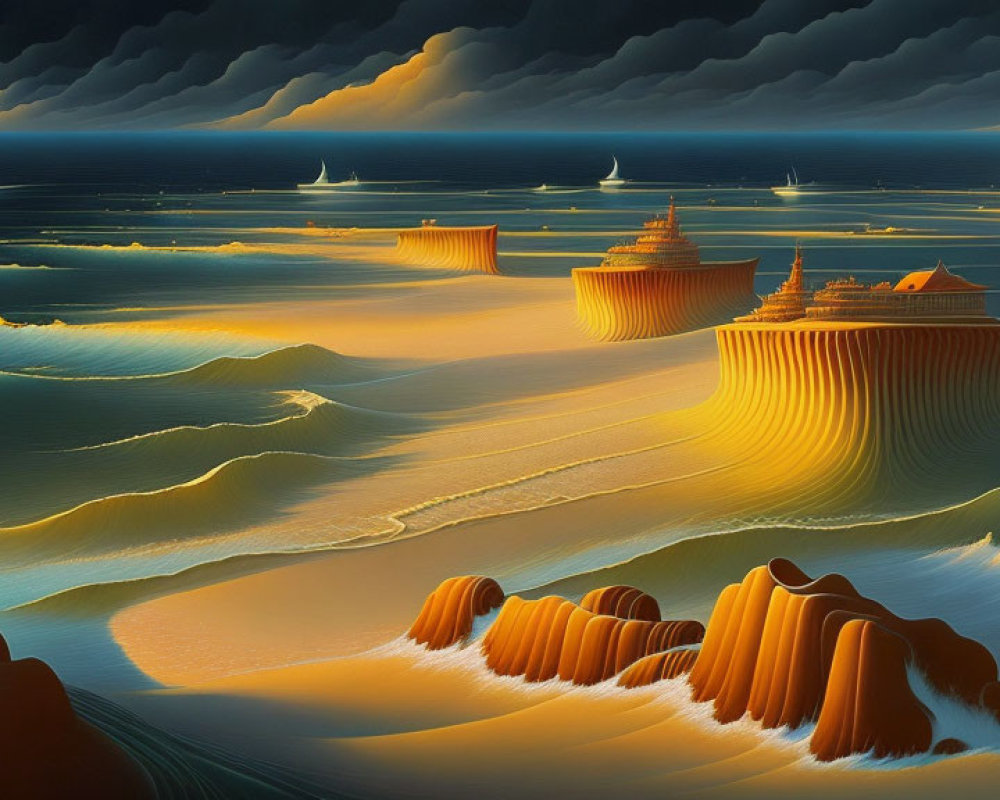 Surreal landscape with layered wave-like landforms under dramatic sky