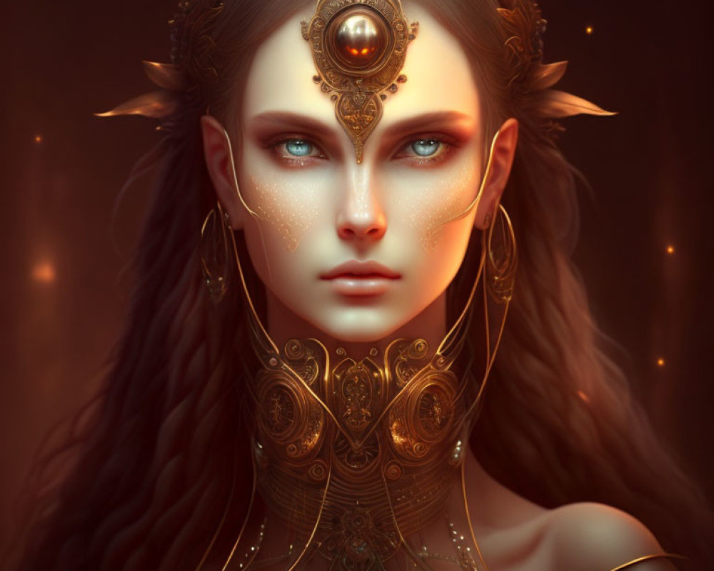 Fantasy portrait of woman with golden headpiece, armor, green eyes, and gold accents.