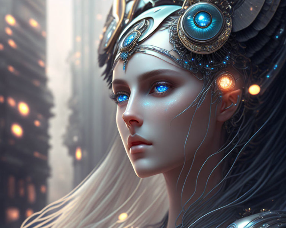 Digital Artwork: Female Figure with Glowing Blue Eyes and Metallic Headgear among Towering Structures