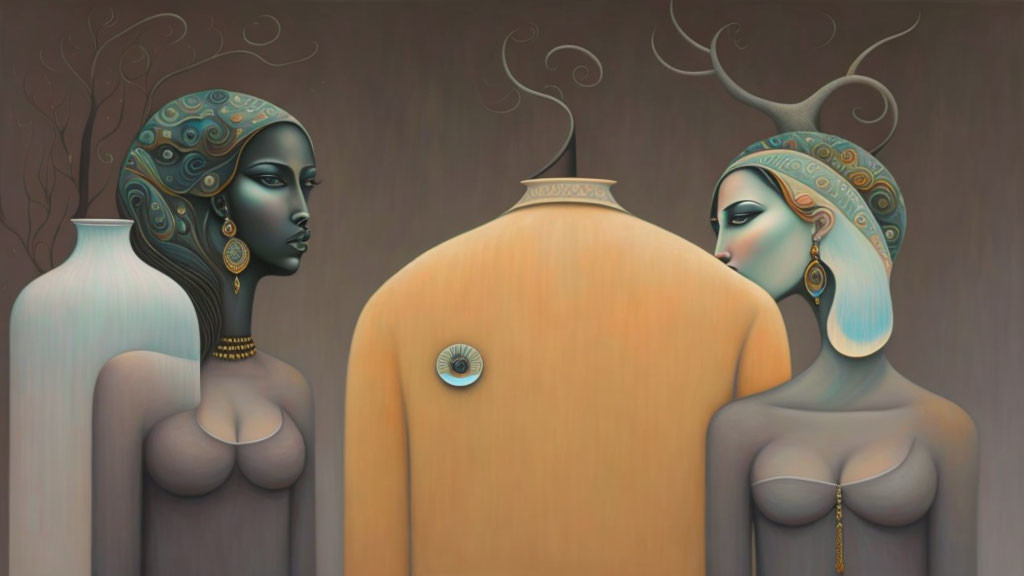 Stylized female figures with mannequin torso in earthy tones