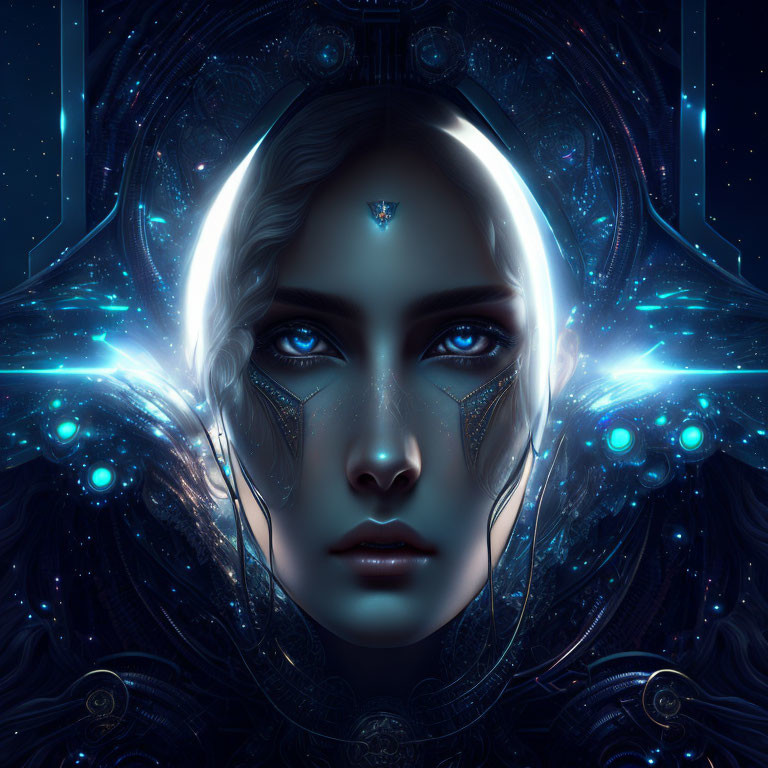 Futuristic woman with glowing blue eyes and cybertech adornments on dark starry background