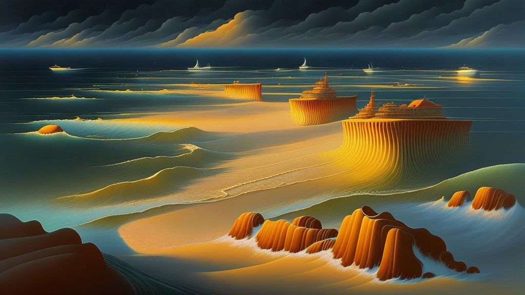 Surreal landscape with layered wave-like landforms under dramatic sky