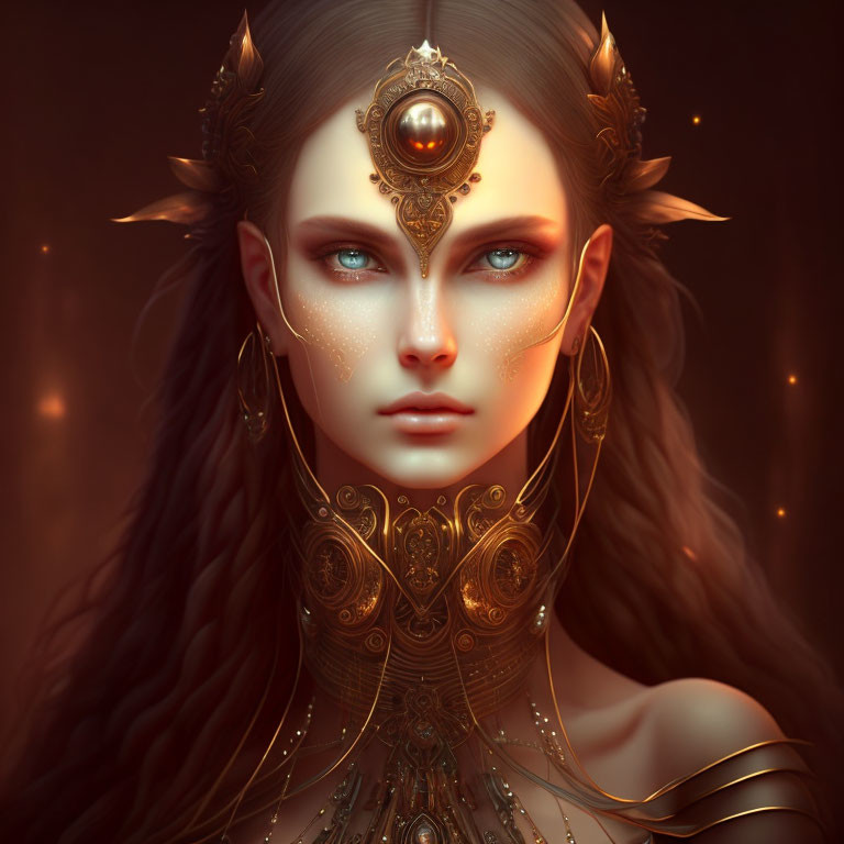 Fantasy portrait of woman with golden headpiece, armor, green eyes, and gold accents.