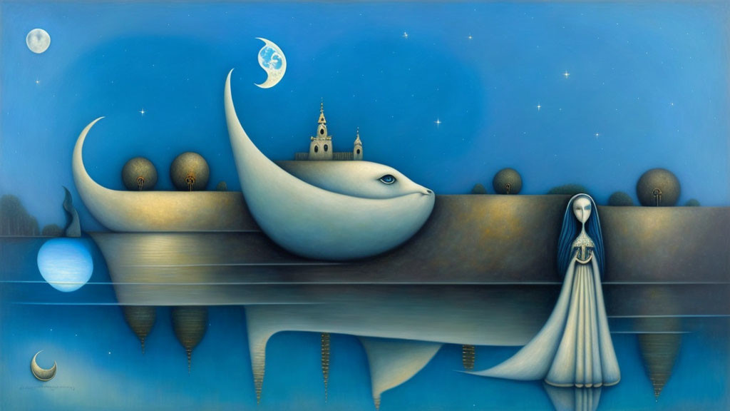 Surreal painting: Robed figure, reflective water, whale church, crescent moon, floating