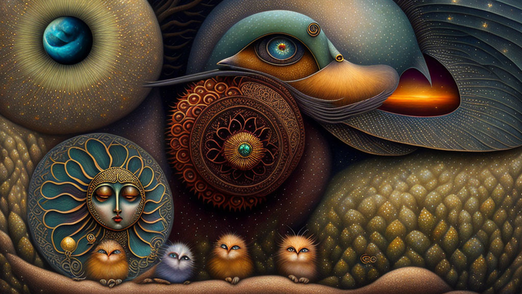 Surreal bird with eye-patterned plumage and moon-like face in textured background