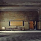 Tranquil courtyard scene with arches, bench, and solitary figure in subdued colors