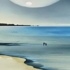 Tranquil beach scene with smooth stones, calm waters, and distant lighthouse