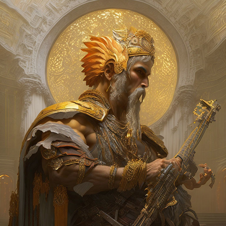 Bearded figure in golden armor playing lute in grand hallway landscape