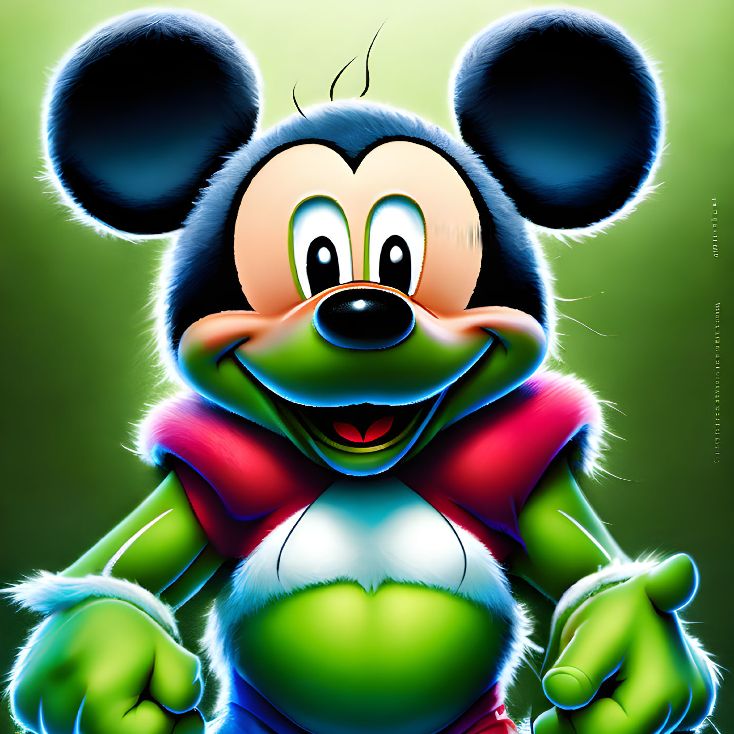 Cheerful anthropomorphic mouse illustration on green background