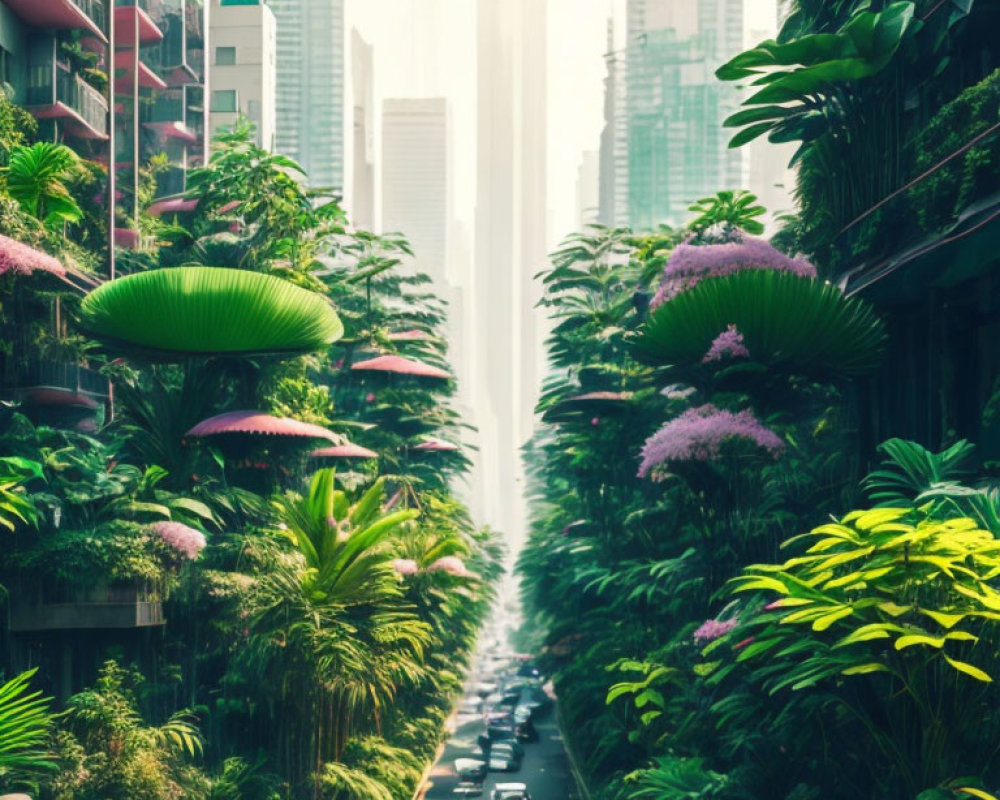 Tropical plants and blooming trees on urban street with high-rise buildings