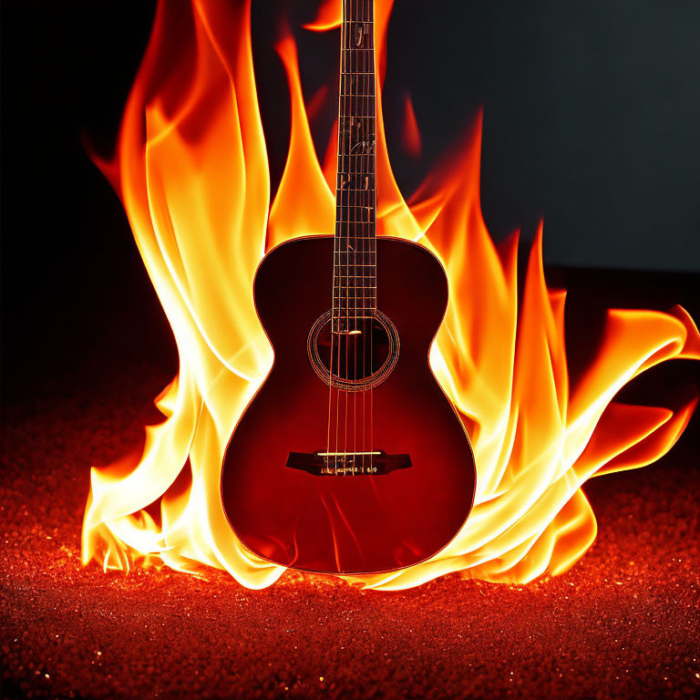 Flaming acoustic guitar on dark background